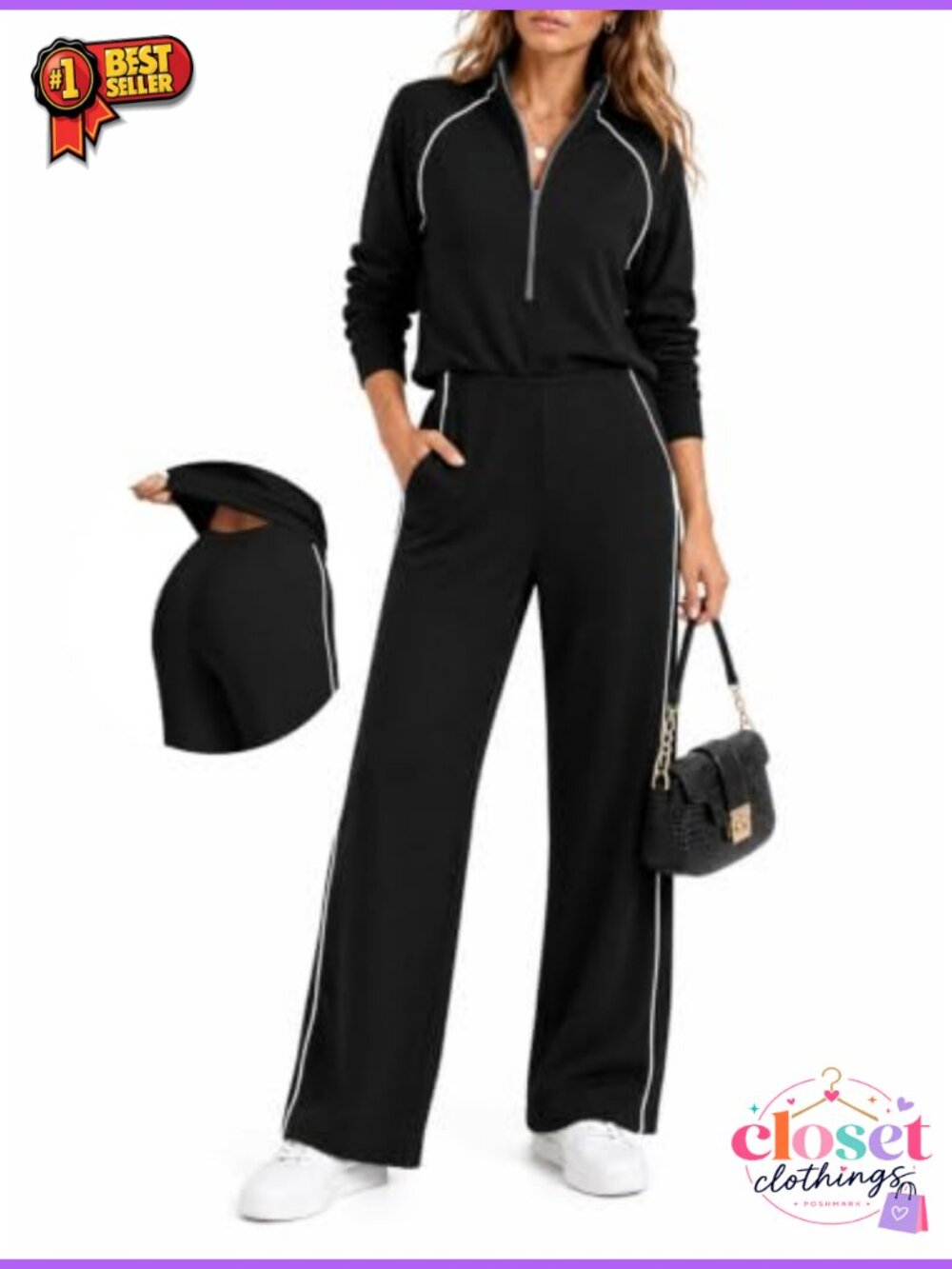 Wide Leg Jumpsuit Mock Neck Long Sleeve Half Zip Pockets